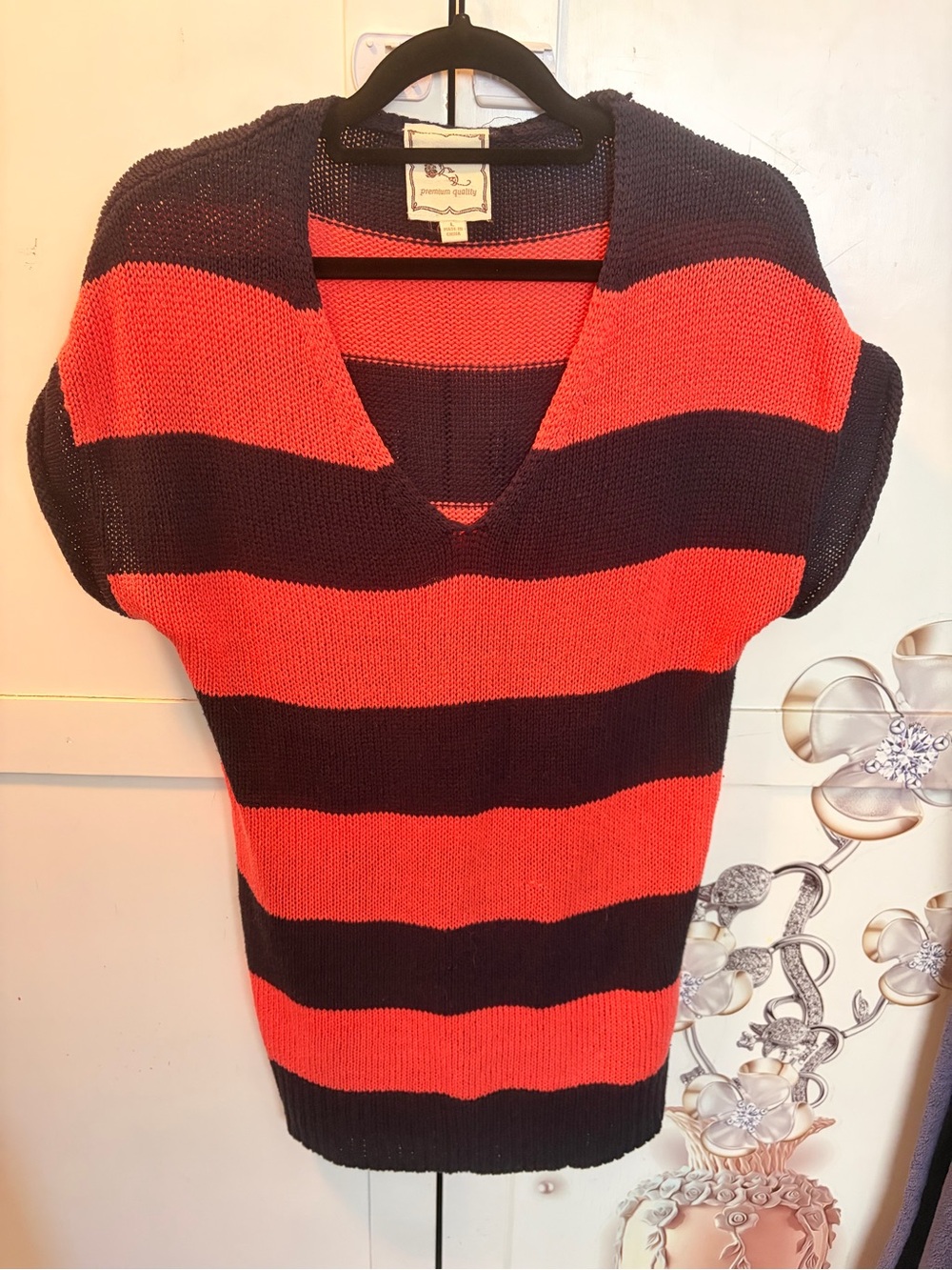 Pink Rose Striped V-Neck Sweater - Coral & Black